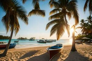 barcos en el playa a puesta de sol con palma arboles generado por ai foto