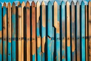 a wooden fence with blue paint on it. AI-Generated photo