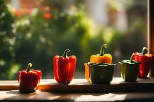 colorful peppers in a window sill. AI-Generated photo