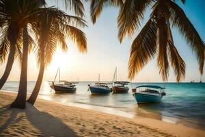 barcos en el playa a puesta de sol con palma arboles generado por ai foto