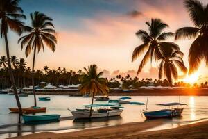 boats on the beach at sunset with palm trees. AI-Generated photo