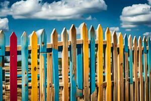 colorful wooden fence with blue sky and clouds. AI-Generated photo