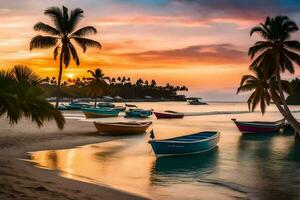 barcos en el playa a puesta de sol con palma arboles generado por ai foto