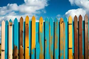 a colorful wooden fence with blue sky and clouds. AI-Generated photo