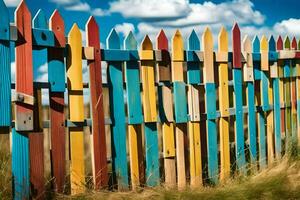 a colorful wooden fence with many different colored posts. AI-Generated photo