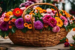 un cesta lleno con vistoso flores sentado en un Roca. generado por ai foto