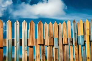 a wooden fence with blue sky and clouds in the background. AI-Generated photo