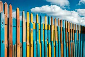 a colorful fence with blue sky and clouds in the background. AI-Generated photo