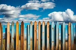 a wooden fence with blue sky and clouds in the background. AI-Generated photo