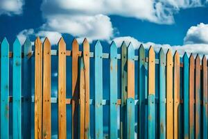 a wooden fence with blue sky and clouds in the background. AI-Generated photo