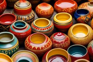 many colorful pottery vases are displayed on a table. AI-Generated photo