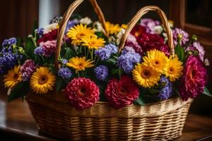 un cesta lleno con vistoso flores en un mesa. generado por ai foto