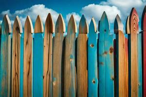 un vistoso de madera cerca con azul cielo en el antecedentes. generado por ai foto