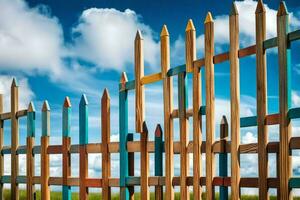 a fence made of wooden poles with blue sky in the background. AI-Generated photo