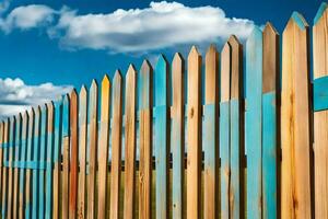 a wooden fence with blue sky and clouds. AI-Generated photo