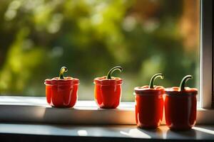 small red peppers in small pots on a window sill. AI-Generated photo