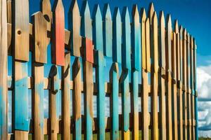 a wooden fence with colorful wooden pieces. AI-Generated photo