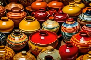 colorful pottery vases are displayed in a store. AI-Generated photo