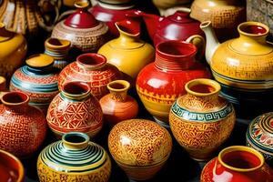many colorful vases are displayed on a table. AI-Generated photo