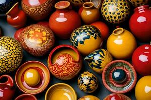 many colorful pottery vases are arranged together. AI-Generated photo