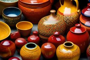 many different colored pottery vases and bowls. AI-Generated photo