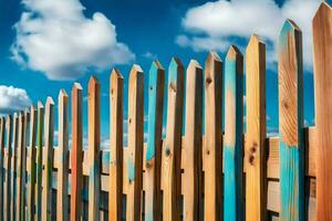 a wooden fence with blue sky and clouds. AI-Generated photo