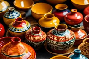 colorful ceramic pots and vases. AI-Generated photo