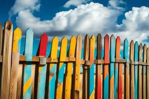 colorful wooden fence with blue sky and clouds. AI-Generated photo