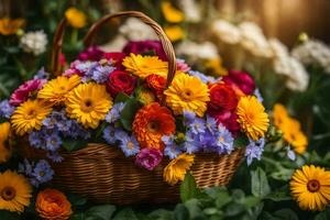 a basket full of colorful flowers is on the grass. AI-Generated photo