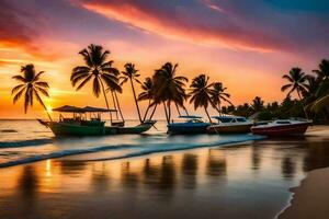 a beautiful sunset on the beach with boats and palm trees. AI-Generated photo