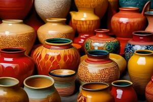 many colorful vases are displayed in a room. AI-Generated photo