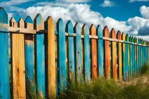 a colorful wooden fence with grass and sky in the background. AI-Generated photo