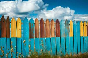 colorful wooden fence with blue sky and clouds. AI-Generated photo