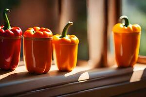 five peppers are lined up on a window sill. AI-Generated photo