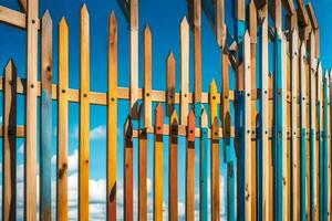 a fence made of wooden poles with blue sky in the background. AI-Generated photo