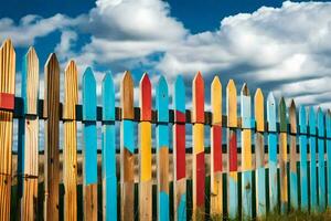 a colorful wooden fence with blue sky and clouds. AI-Generated photo