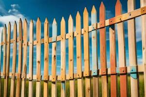 a wooden fence with a blue sky in the background. AI-Generated photo