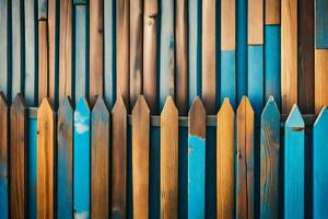 a wooden fence with blue and brown paint. AI-Generated photo