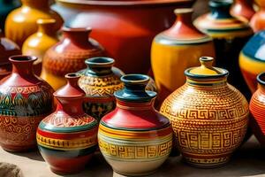 many colorful vases are lined up on a table. AI-Generated photo