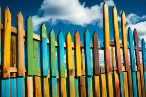 a colorful fence with wooden posts. AI-Generated photo