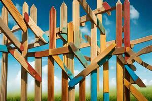 a wooden fence with many different colored pieces. AI-Generated photo