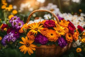a basket full of colorful flowers on a sunny day. AI-Generated photo