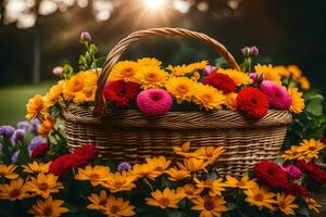 un cesta lleno de vistoso flores en un soleado día. generado por ai foto