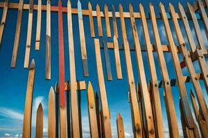 a fence made of wooden sticks with a blue sky in the background. AI-Generated photo