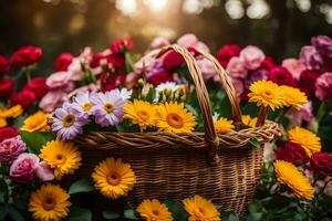un cesta lleno de flores en el césped. generado por ai foto