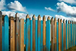a wooden fence with blue and white paint. AI-Generated photo