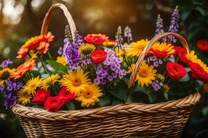 a basket filled with colorful flowers on a sunny day. AI-Generated photo