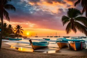 boats on the beach at sunset with palm trees. AI-Generated photo