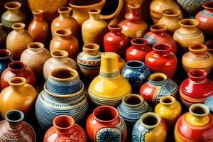 many colorful vases are arranged together. AI-Generated photo