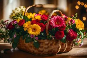 a basket with colorful flowers on a table. AI-Generated photo